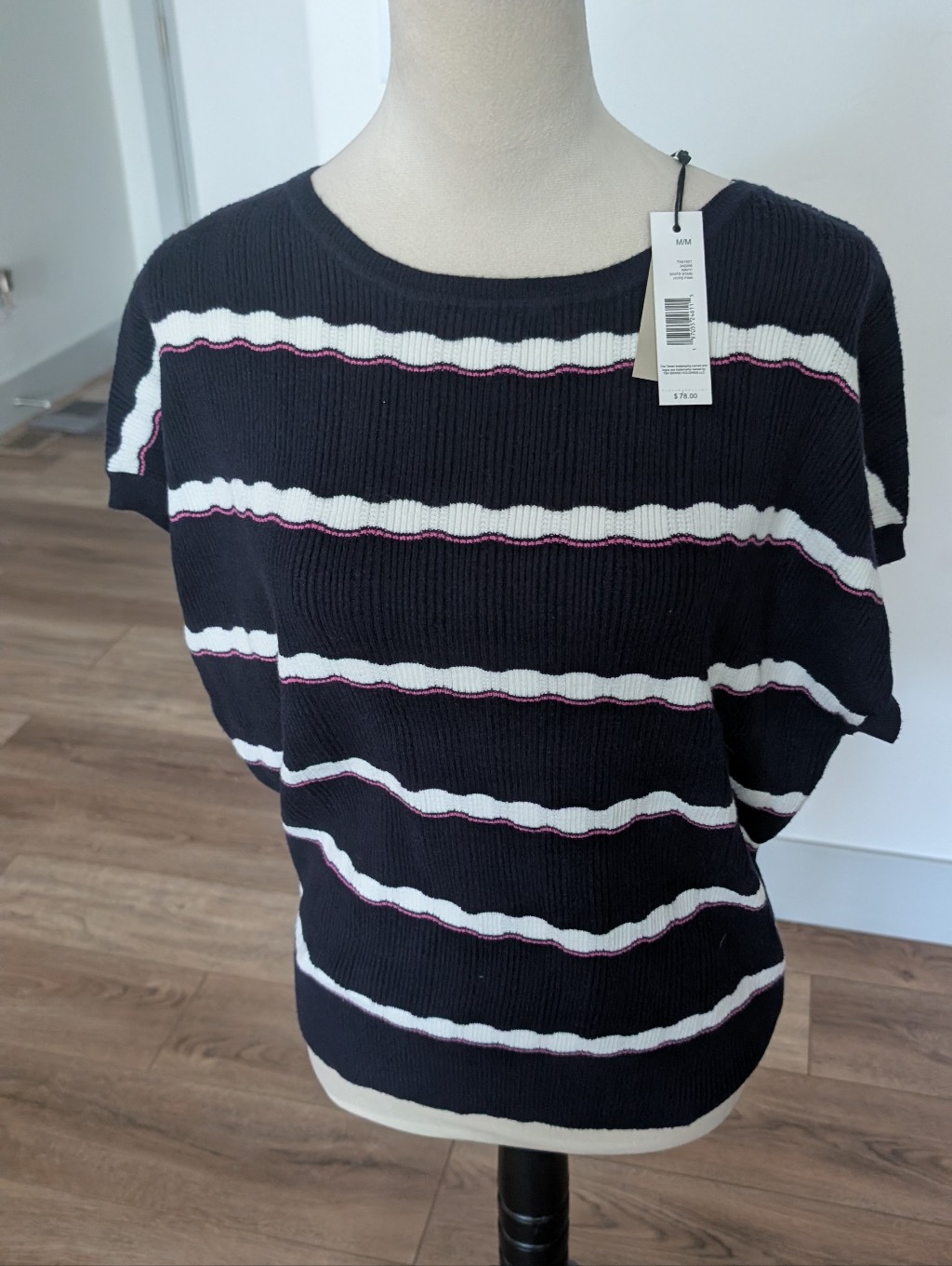 Tahari Black Knit Short Sleeve Top With White And Pink Stripes